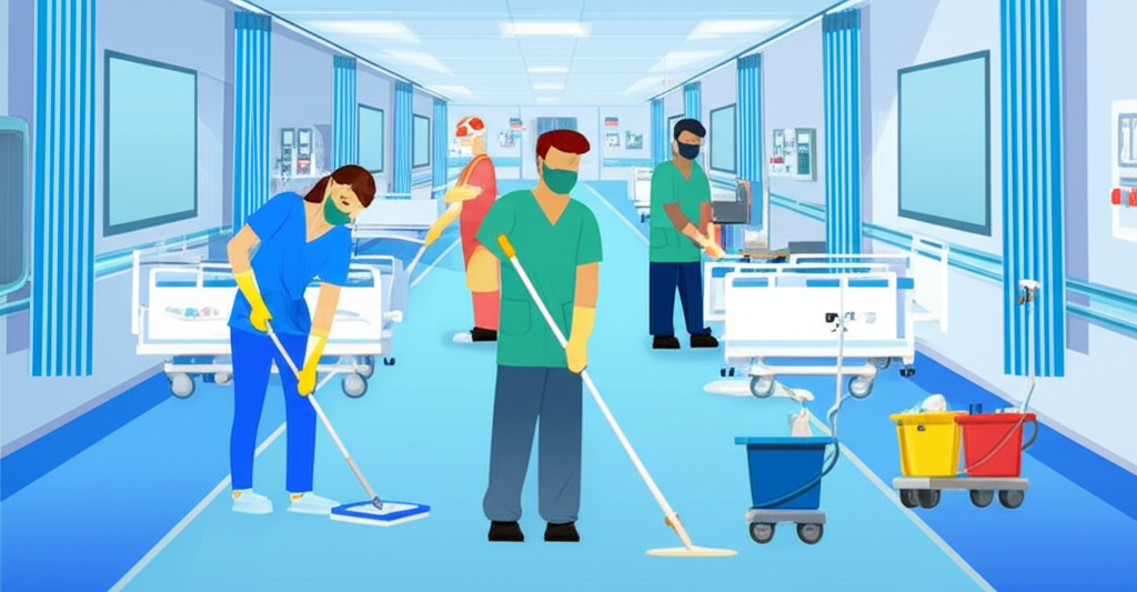 Hospital cleaning zones with color-coded equipment