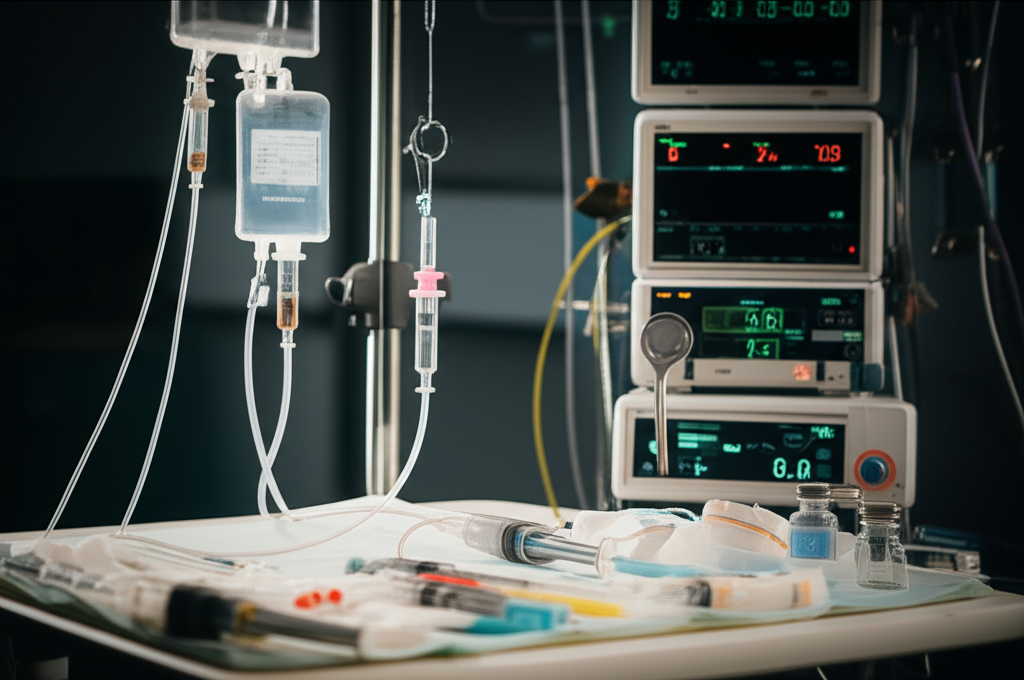IV medication setup and central venous catheter